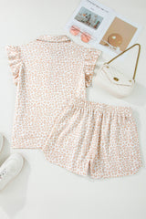 Beige Leopard Zip Polo Top 2pcs Short Set