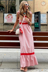 Red Stripe Bow Knot Straps Contrast Trim High Waist Ruffle Hem Maxi Dress