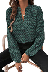 Green Geometric Print Notched Neck Long Sleeve Blouse