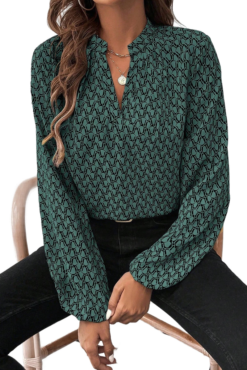 Green Geometric Print Notched Neck Long Sleeve Blouse