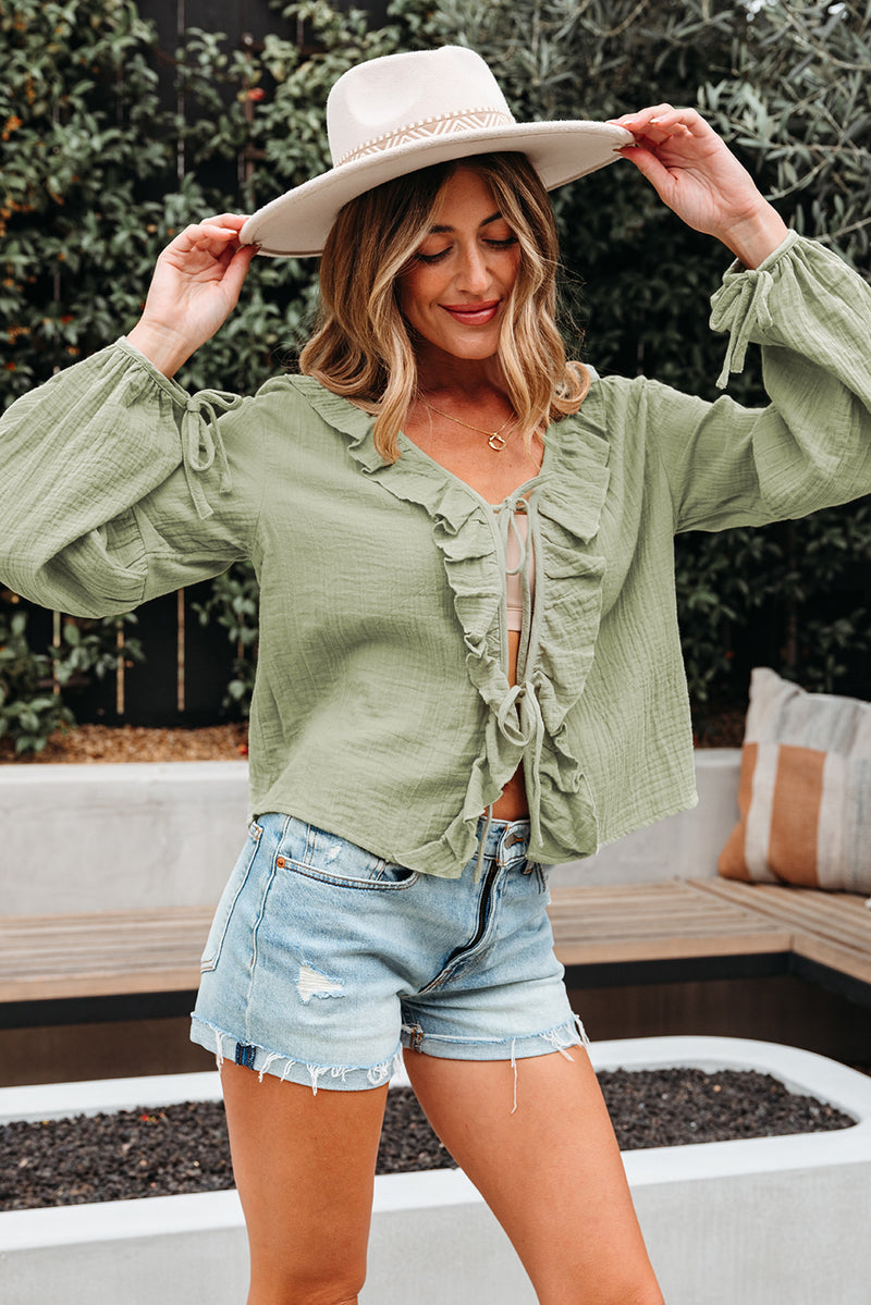 Meadow Mist Green Bow Tie Front Ruffle Trim V Neck Long Sleeve Blouse