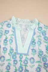 Green Floral Print Striped Trim Contrast V Neck Patchwork Boho Blouse