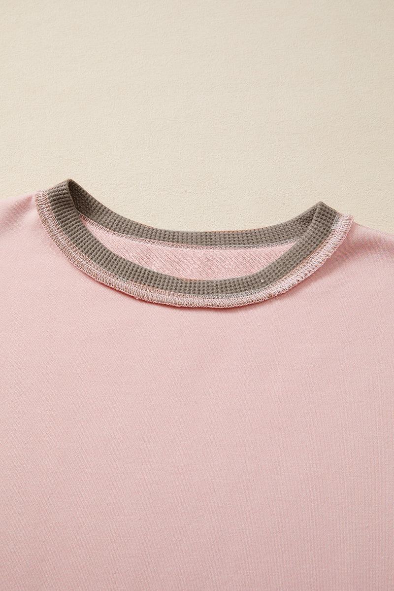 Light Pink Colorblock Waffle Patchwork Oversize Sweatshirt
