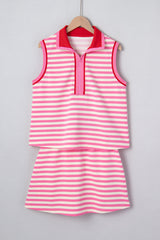 Dark Blue Textured Stripe Print Contrast Trim Zip Collar Sleeveless 2pcs Skort Set