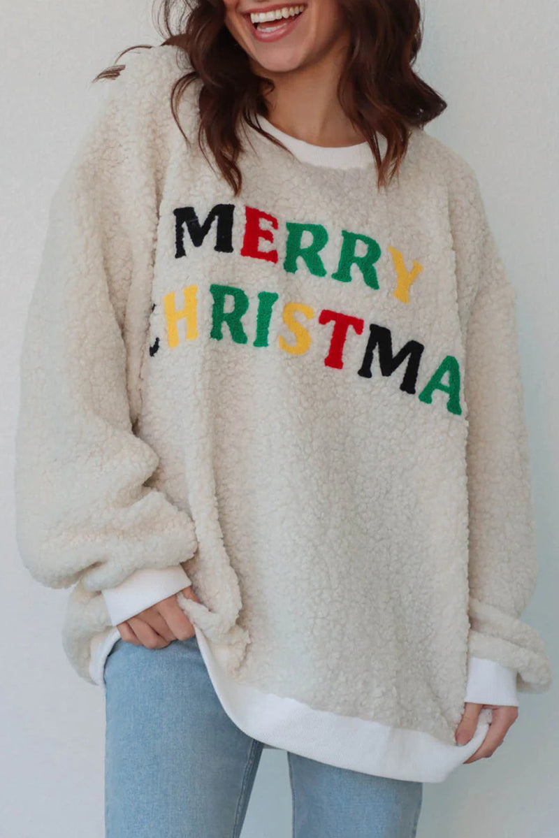 White MERRY CHRISTMAS Cozy Sherpa Pullover Sweatshirt
