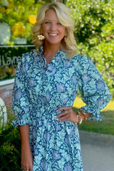 Brown Floral Printed Frilled V Neck Bracelet Sleeve Long Dress