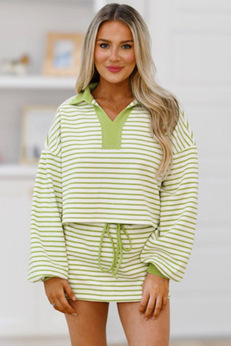 Pink Stripe Collared V Neck Drop Shoulder Pullover and Skirt Set
