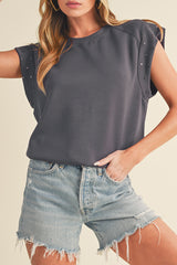 Black Casual Rivet Round Neck T Shirt
