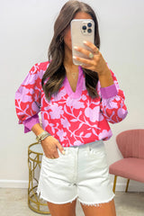 Red Floral Print Split V Neck Cuffed Bracelet Sleeve Blouse