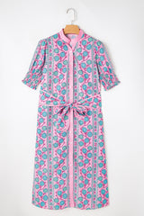 Pink Boho Floral Shirred Short Sleeve Belted Dress