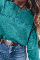 Sea Green  saved by grace Letter Embroidery Mineral Wash Loose Sweatshirt