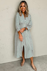 Green Striped V Neck Zip Front Cinched High Waist Midi Dress