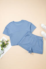 Sky Blue Solid Color Contrast Textured Patchwork Raw Edge 2pcs Short Set