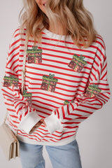 Orange Stripe Sequin Christmas Gift Patched Drop Shoulder Sweatshirt