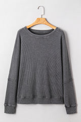 Mist Green Ribbed Plain Long Sleeve Loose Top