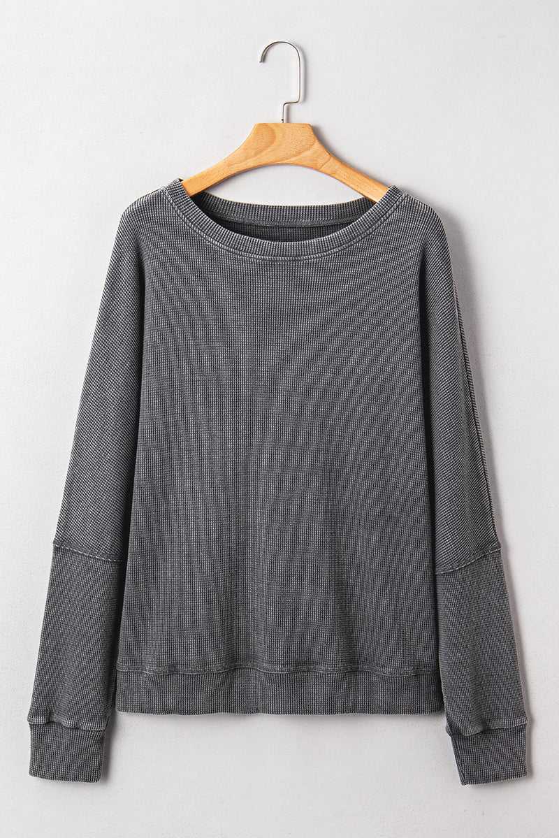 Mist Green Ribbed Plain Long Sleeve Loose Top