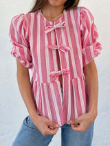 Tied Round Neck Balloon Sleeve Shirt