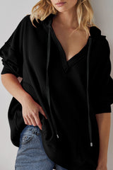 White Oversize Waffle Drop Shoulder Exposed Seam V Neck Hoodie