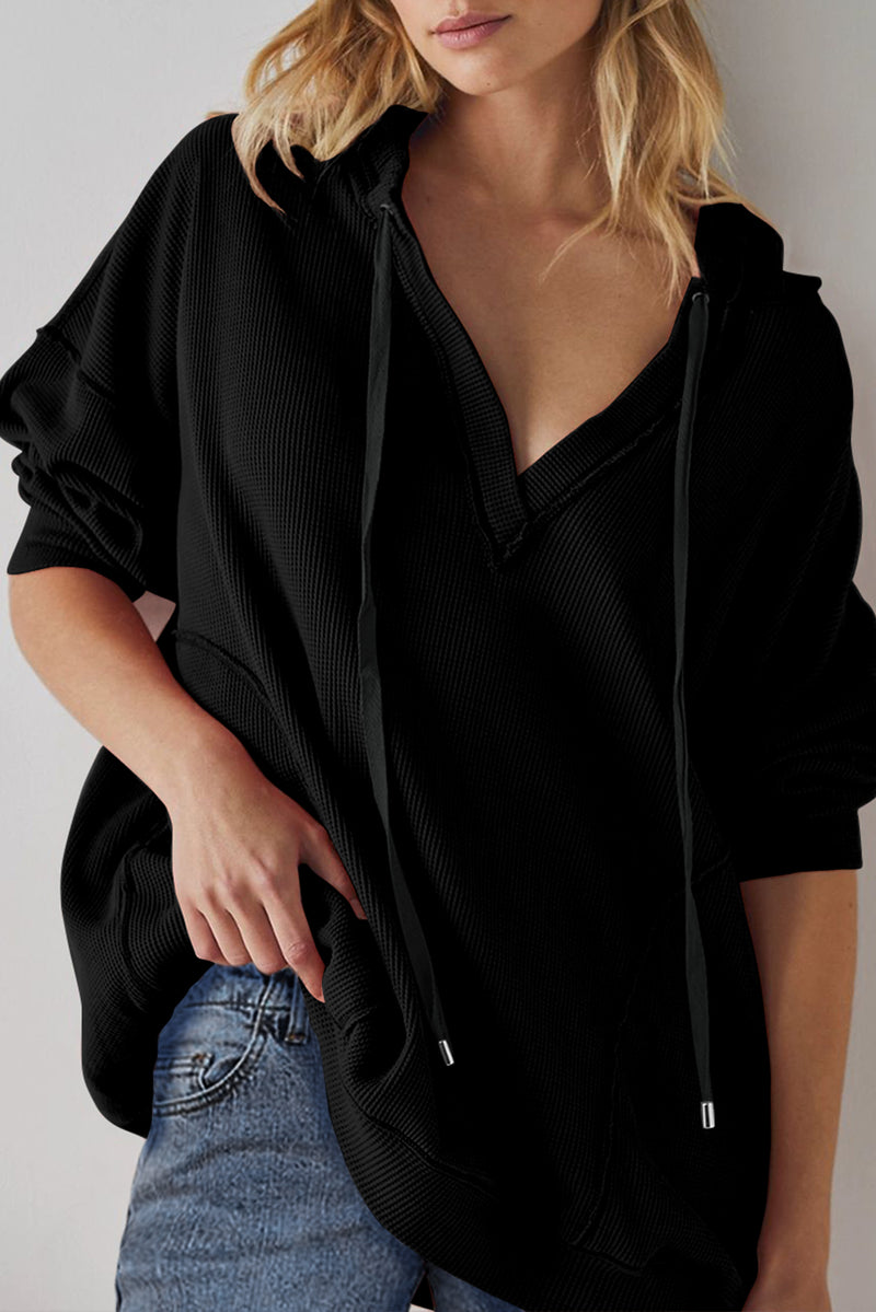 White Oversize Waffle Drop Shoulder Exposed Seam V Neck Hoodie