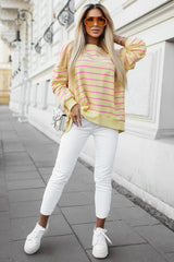 Blue Striped Overlap Detail Drop Shoulder Pullover Sweatshirt
