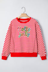 Red Stripe Holly Jolly Sequins Patch Drop Shoulder Long Sleeve Top
