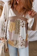 White Floral Print Patchwork Long Sleeve Top