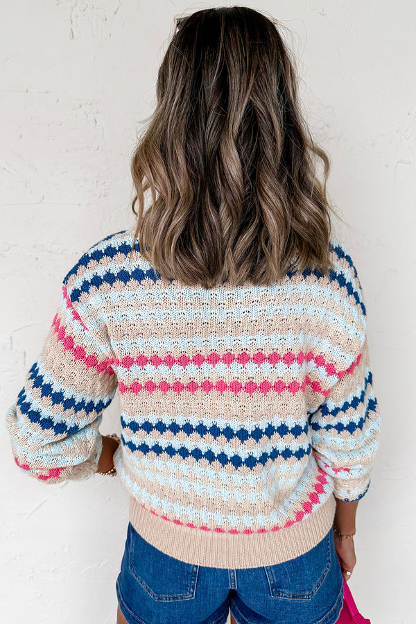 Khaki Striped Eyelet Pattern Drop Shoulder Sweater