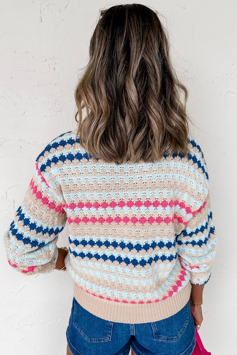 Khaki Striped Eyelet Pattern Drop Shoulder Sweater