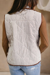 Brown Stripe Plus Size Quilted Contrast Trim Wavy Hem Snap Button Vest