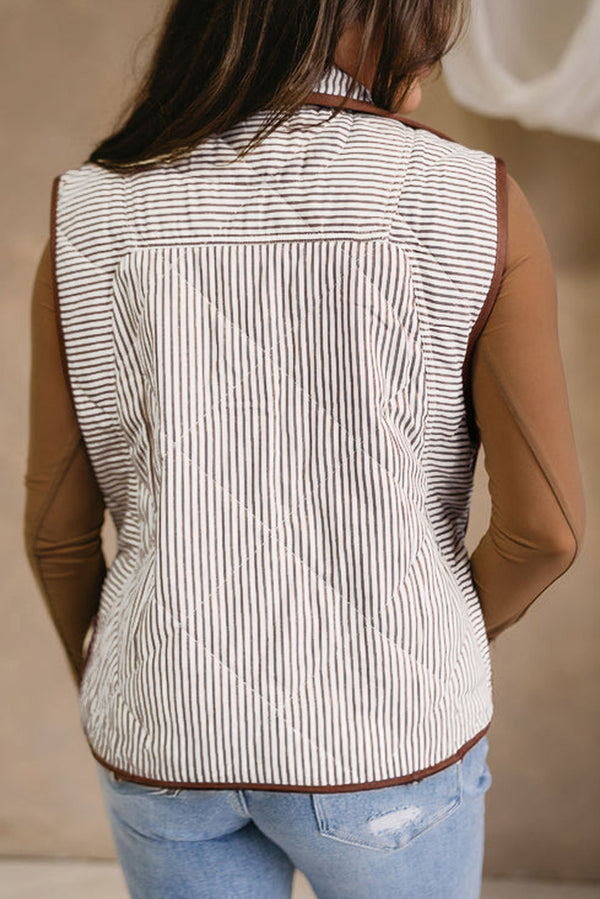 Brown Stripe Plus Size Quilted Contrast Trim Wavy Hem Snap Button Vest