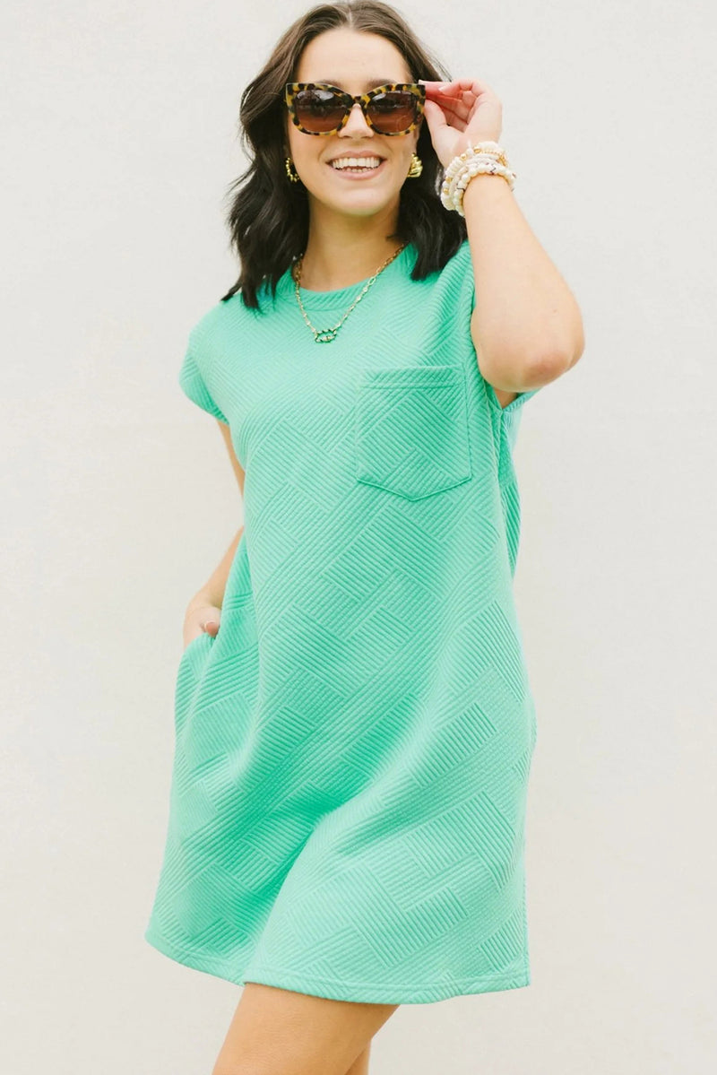 Black Plain Textured Pocketed Cap Sleeve Mini Dress