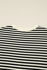 Black Stripe Textured Drop Shoulder Pullover Top Drawstring Mini Skirt Two Piece Dress Set