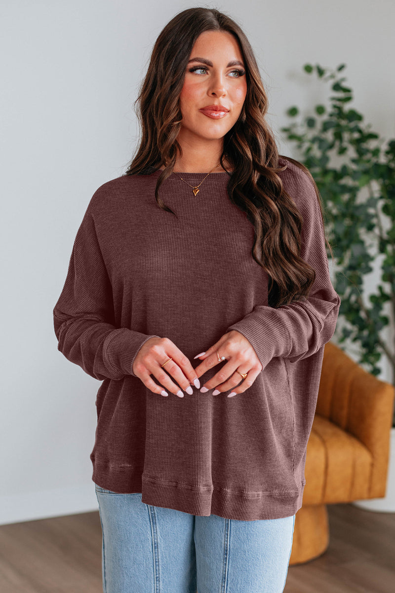 Mist Green Ribbed Plain Long Sleeve Loose Top