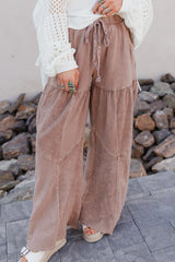 Straw Yellow Mineral Wash Tiered Wide Leg Patchwork Drawstring Pants