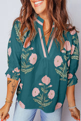 Casual Wild Flower Print V Neck 3/4 Sleeve Blouse
