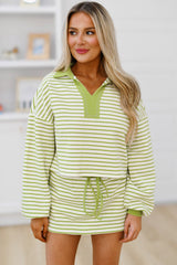 Pink Stripe Collared V Neck Drop Shoulder Pullover and Skirt Set