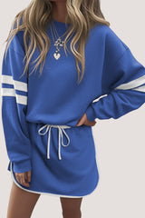 Sky Blue Varsity Stripe Detail Drop Shoulder Pullover Mini Skort Set