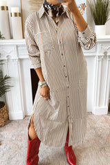 Brown Stripe Textured 3/4 Sleeve Round Hem Split Midi Shirt Dress