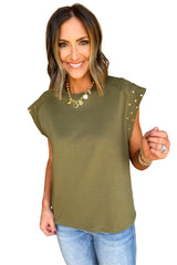 Black Casual Rivet Round Neck T Shirt