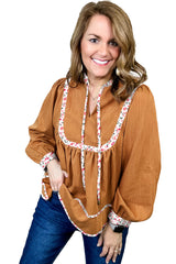 Straw Yellow Split Neck Pleated Floral Trim Puff Sleeve Blouse