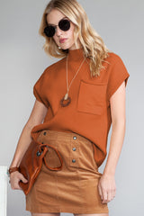 Dark Blue Patch Pocket Ribbed Knit Short Sleeve Sweater