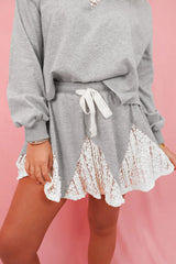 Light Grey Lace Patchwork Drop Shoulder Pullover Drawstring Skort Set