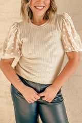 Apricot Swiss Dot Mesh Bubble Sleeve Textured Top