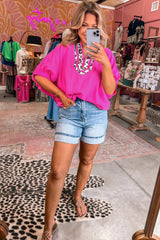 Rose Red Dolman Half Sleeve Leopard Patchwork Trim V Neck Blouse