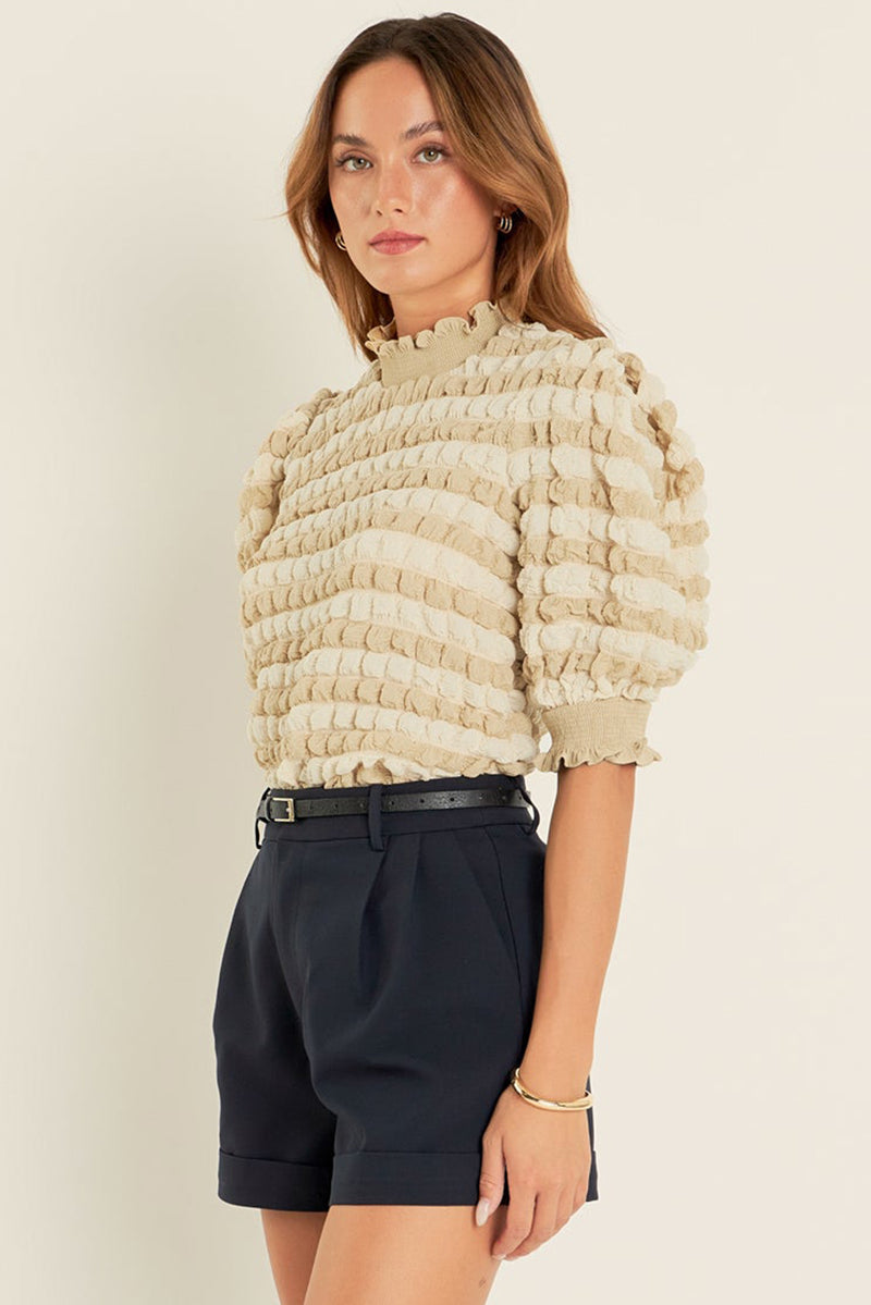 Beige Textured Frill Trim Smocked Puff Sleeve T Shirt