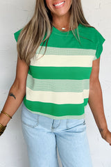 Green Stripe Mixed Print Crew Neck Cap Sleeve T Shirt