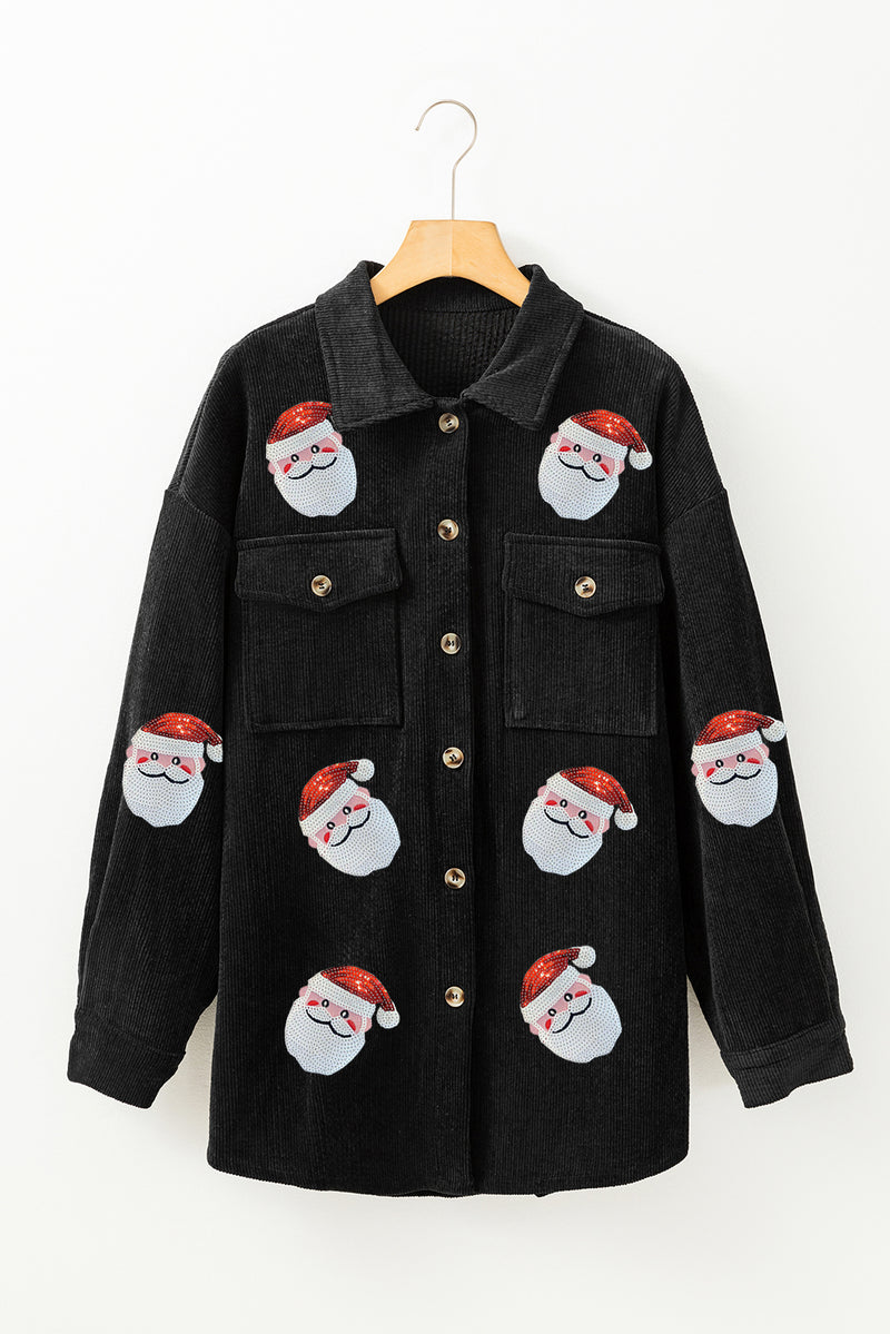 Black Sequin Father Christmas Graphic Button Down Ribbed Shacket