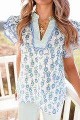 Green Floral Print Striped Trim Contrast V Neck Patchwork Boho Blouse
