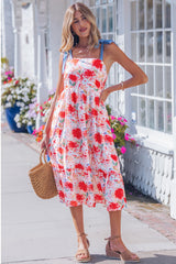 Yellow Floral Print Contrast Stitched Knot Denim Straps High Waist Dress