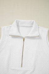 White Textured Half Zip Tank Top Drawstring Shorts Set